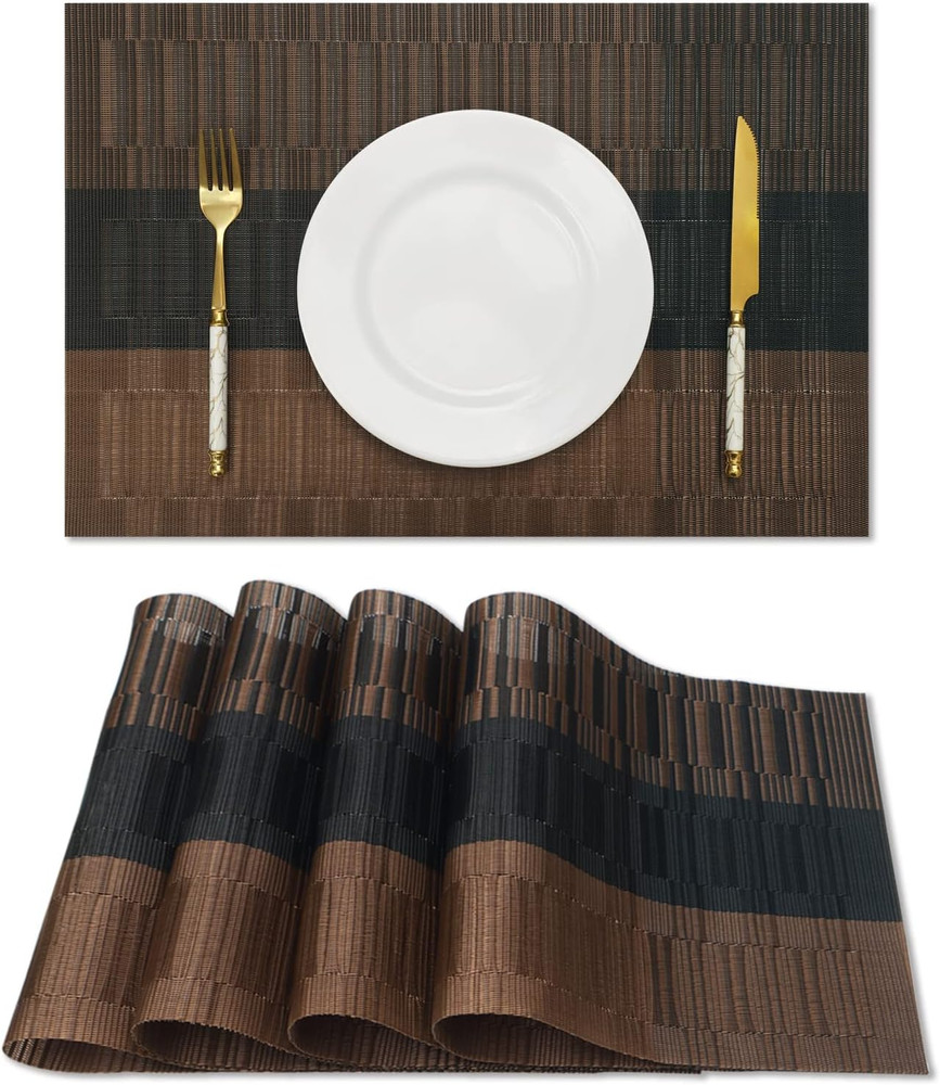 Brown Black Placemats Set of 4 Washable Place Mats Vinyl Woven Table Mats Wipeab