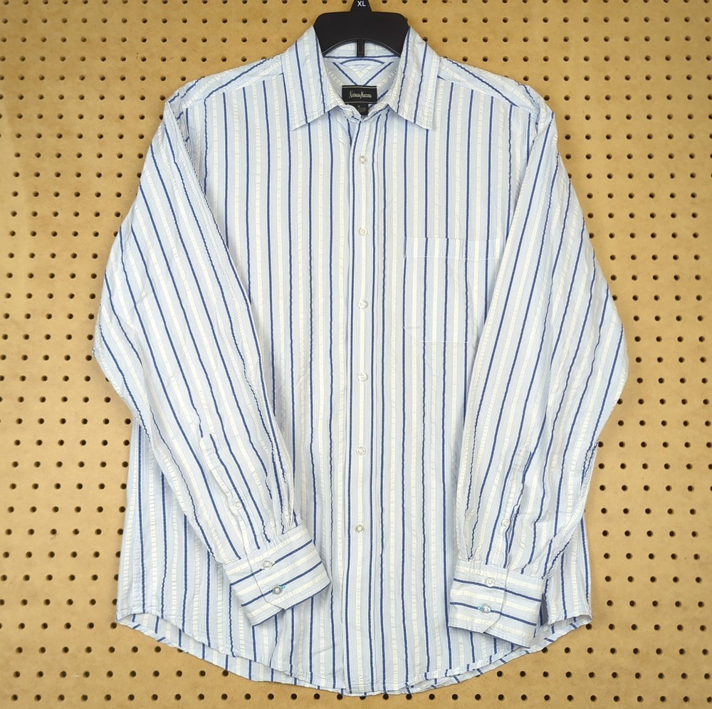 Neiman Marcus Seersucker Shirt Mens Medium Blue White Striped Long Sleeve