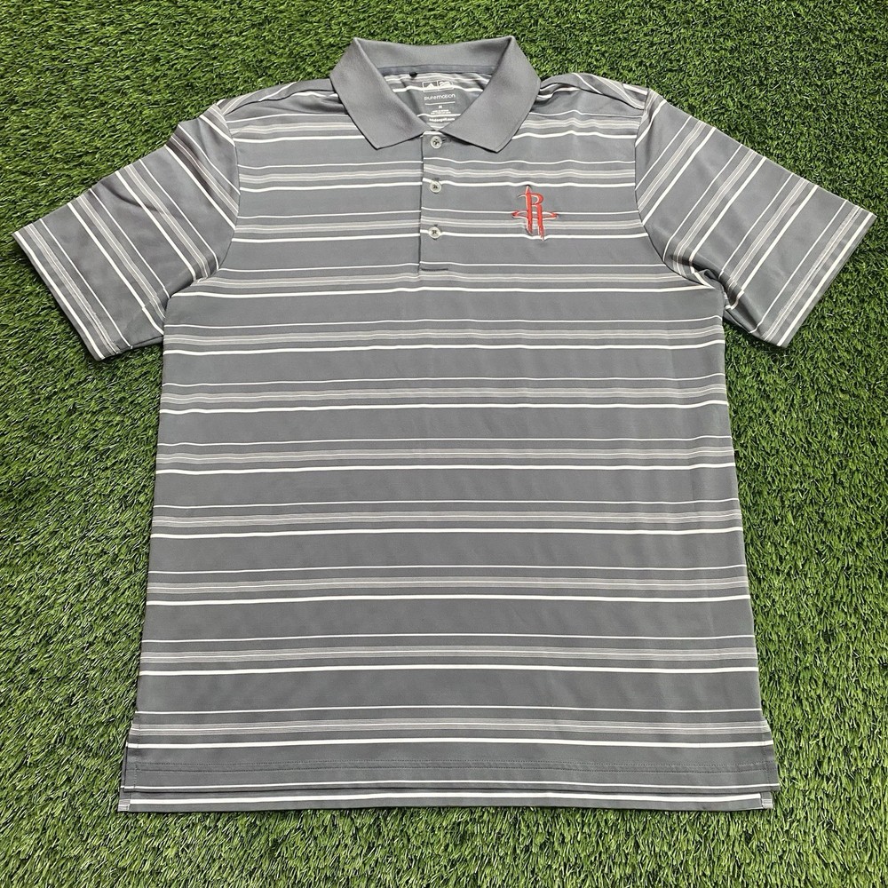 Houston Rockets Adidas Puremotion Gray White Striped Mens Medium Golf Polo Shirt