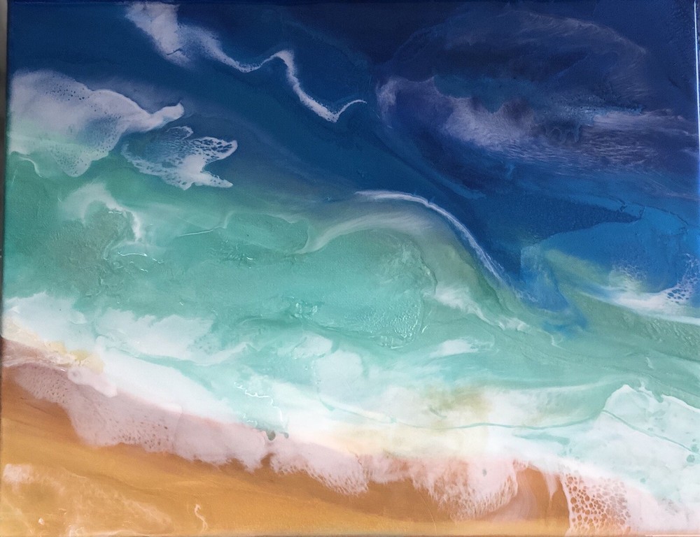 Original Beach Painting Resin Art Abstract Contemporary Aqua High Gloss