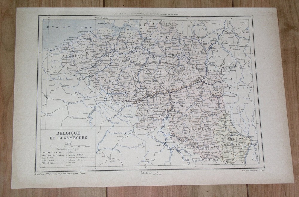 1887 Original Antique Map Of Belgium / Luxembourg