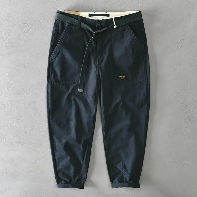 Men's Pure Cotton Casual Cargo Pants with Belt Mid Waist Loose Fit