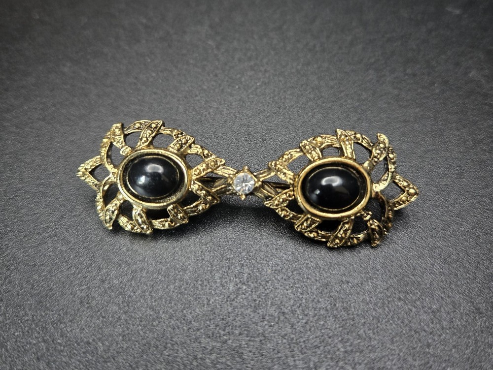 Vintage Double Simulated Onyx Brooch, Gold Tone, Rhinestone Center