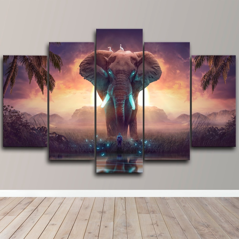 Elephant Tusker Dream Forest 5-Piece Canvas Wall Art Abstract Wildlife Home Decor-image
