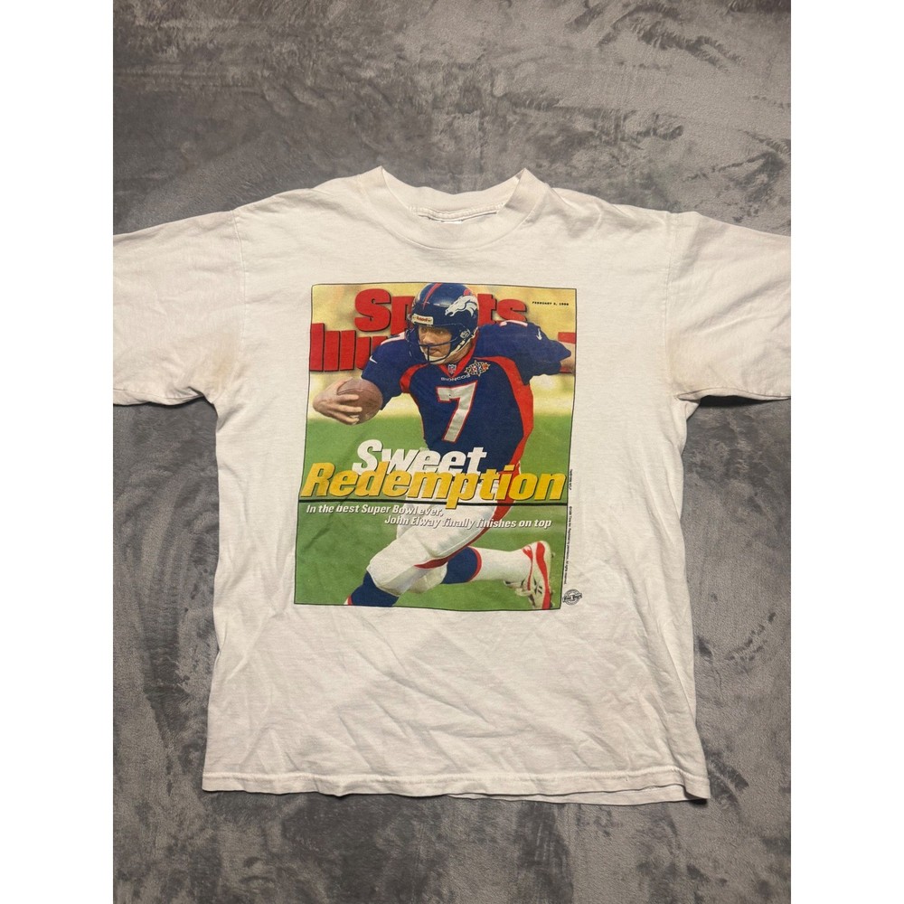 Gildan T-Shirt Mens L White Vintage 1998 Sports Illustrated John Elway Broncos