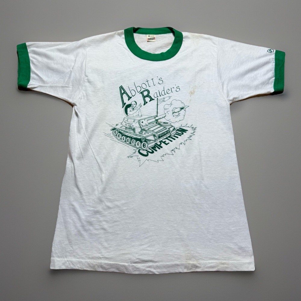 Vintage 80s Abbot’s Raiders Colgate University Swiggle Die Ringer Shirt - Medium