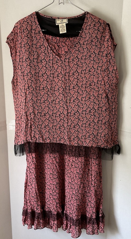 Vtg April Cornell 2 Piece Set Top Sz M Skirt Sz L  Pink Floral Boho Cottagecore