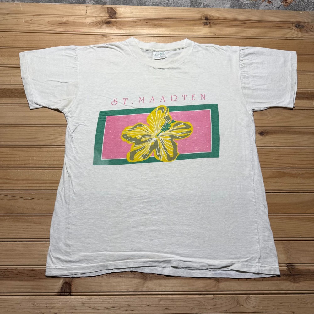 Vintage 90s St. Maarten Hibiscus Flower Tropical Caribbean Souvenir T-Shirt XXL