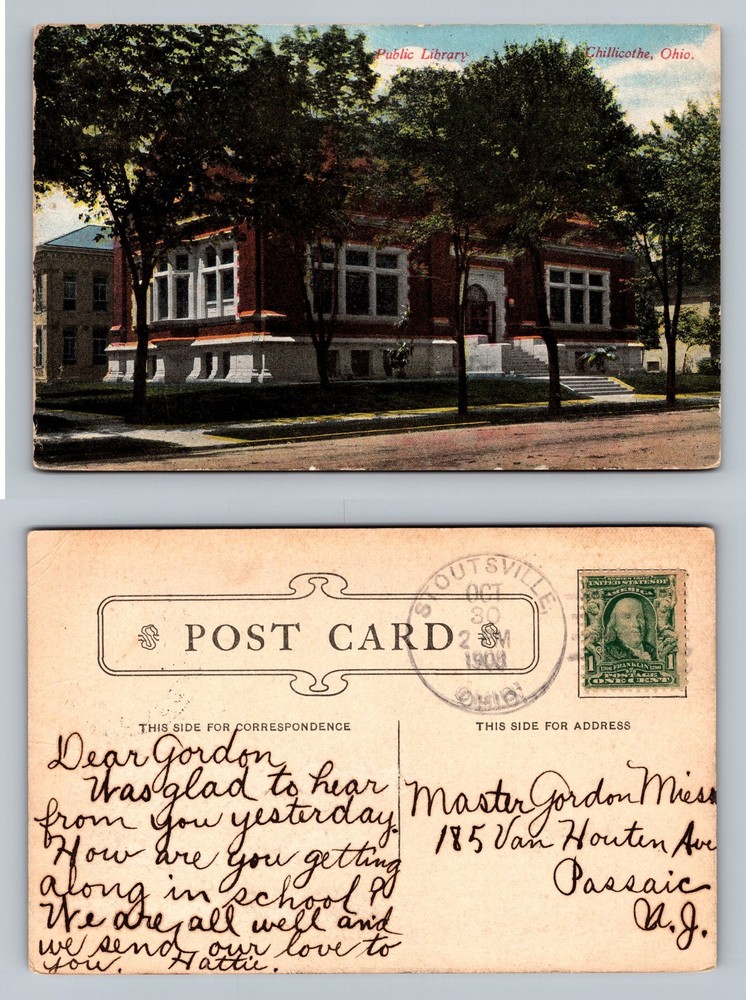 Chillicothe, OH-Ohio Carnegie Public Library Street Scene c1908 Vintage Postcard