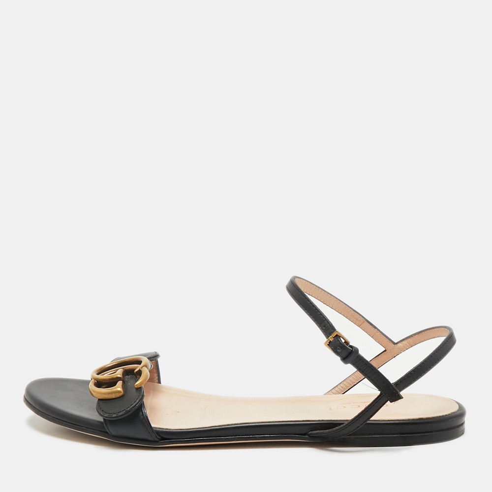 Gucci GG Marmont Black Leather Ankle Strap Flat Sandals Size 36