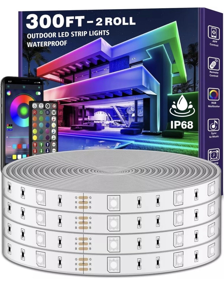 300ft Waterproof LED Strip Lights with Bluetooth App RGB Exterior Rope Light.