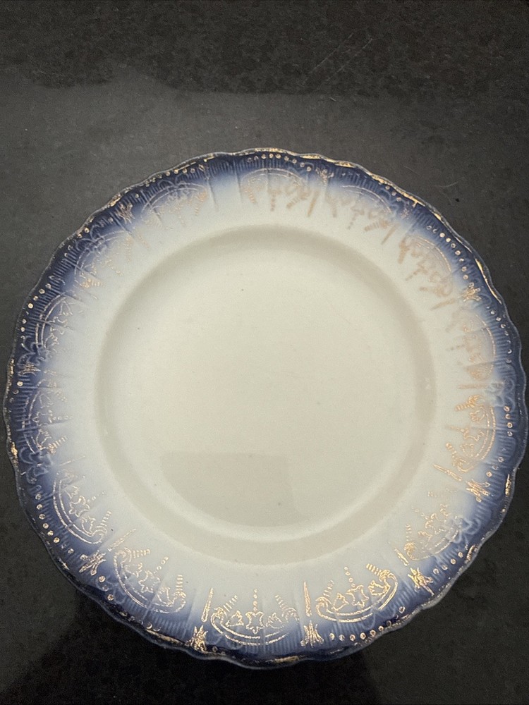 1820s Antique Flow Blue Bread Plate 6” Gold Design On Border