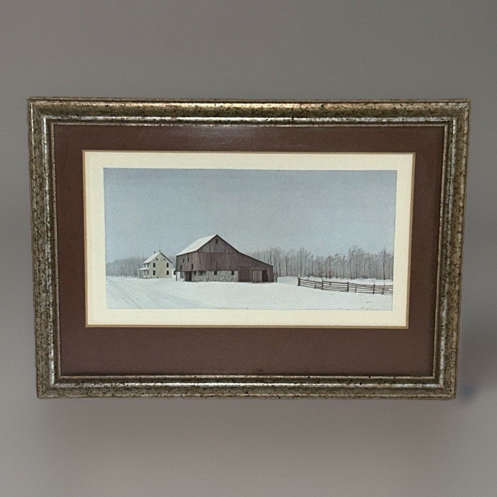 Vintage Art Print•Country Winter Barn Scene•Artist Unknown•Framed•3D Matted•6x8”
