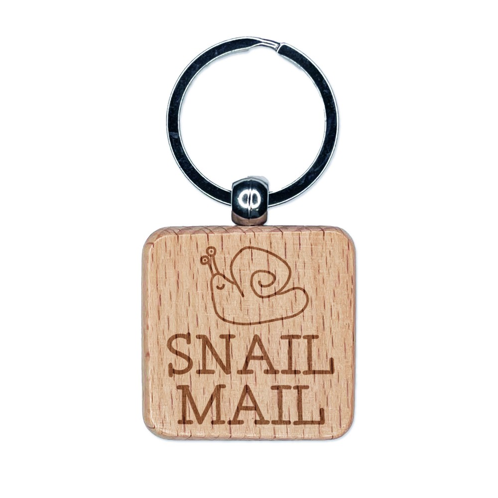 Snail Mail Cute Doodle Engraved Wood Square Keychain Tag Charm