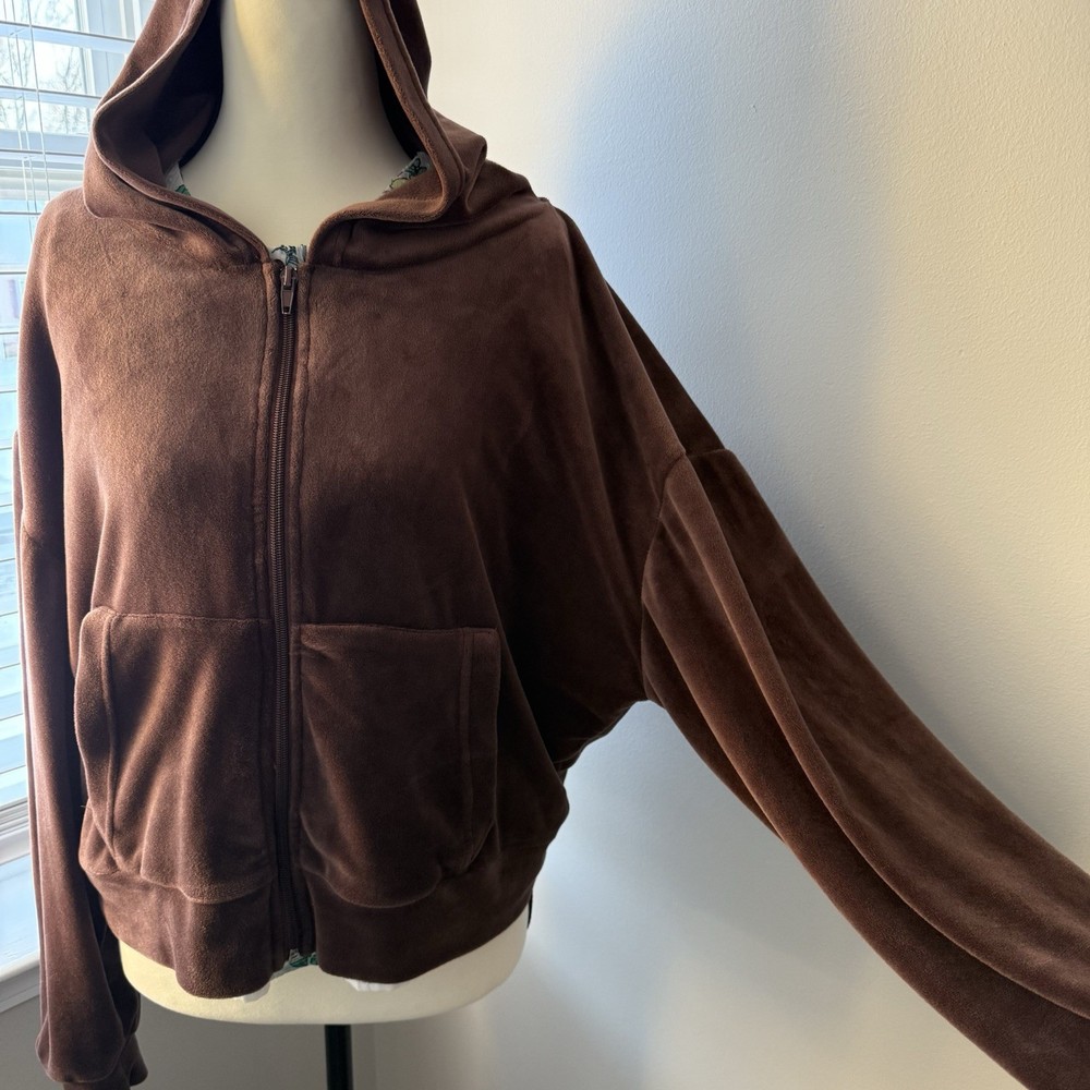 Refuge Velour Full Zip Hoodie Velvet Women’s Sz Large Chocolate Brown Cozy Core