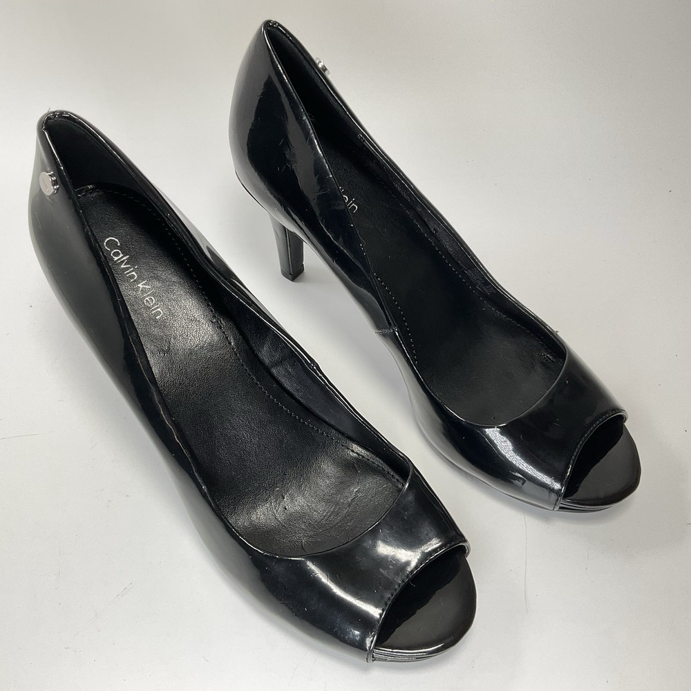 Black Calvin Klein Peep Toe Platform Heels Shoes Women's Size 8.5 Satin Finish