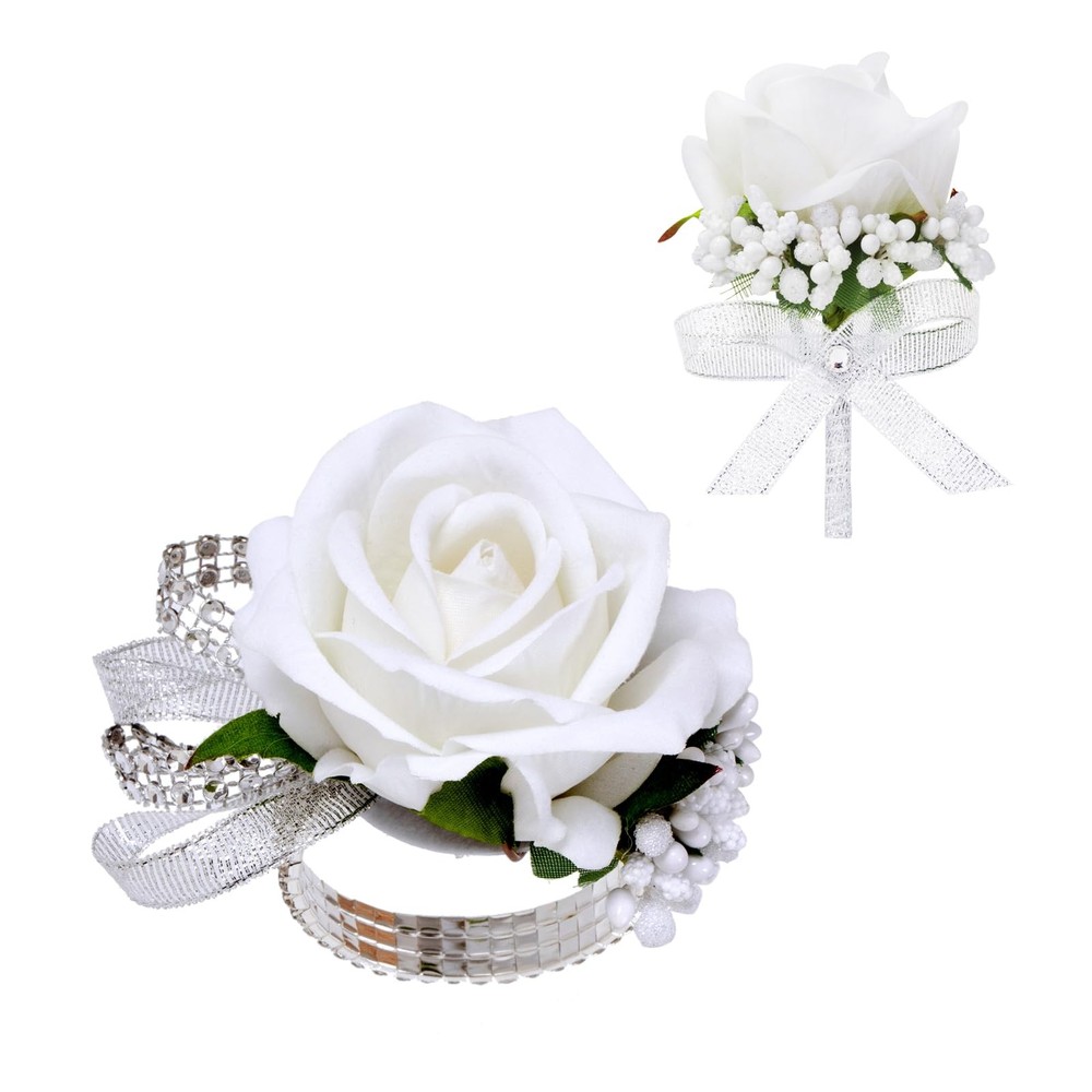 2Pcs White Rose Corsage and Boutonniere Set, Corsage Wristlet Band for Prom D...