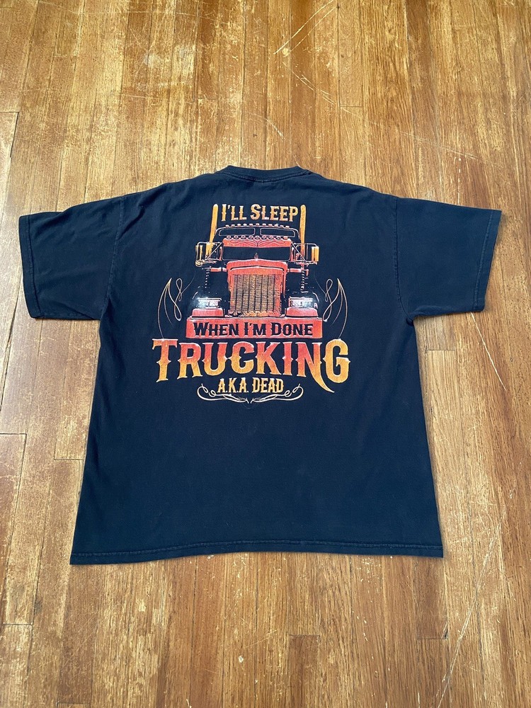 Vintage Y2K Semi-Truck Trucker Funny Black Double-Sided Graphic T-Shirt Adult XL