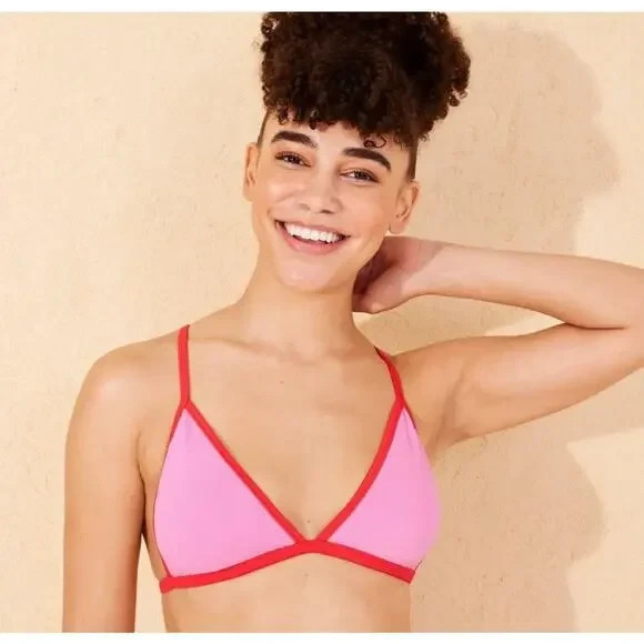 Women's Pucker Textured Contrast Binding Triangle Bikini Top-Wild Fable Pink XS