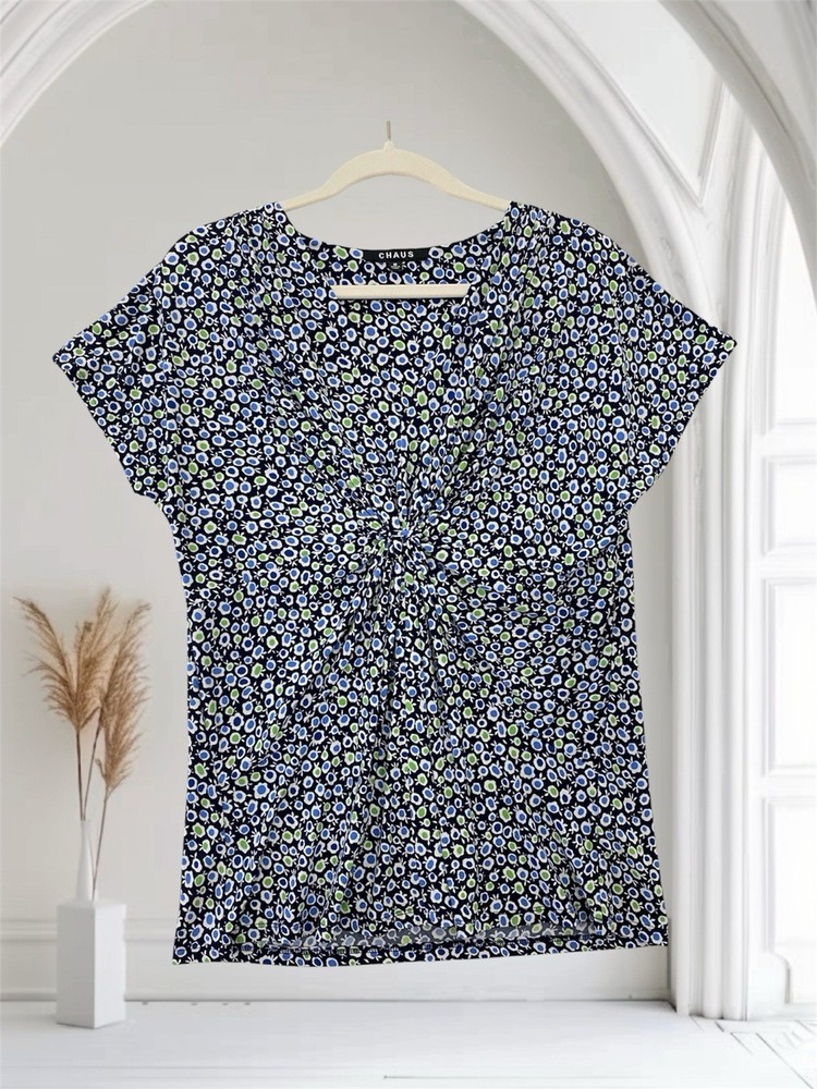 Chaus Womens Multi Print Ruched Pleated V Neck Top Size Medium Jersey Stretch