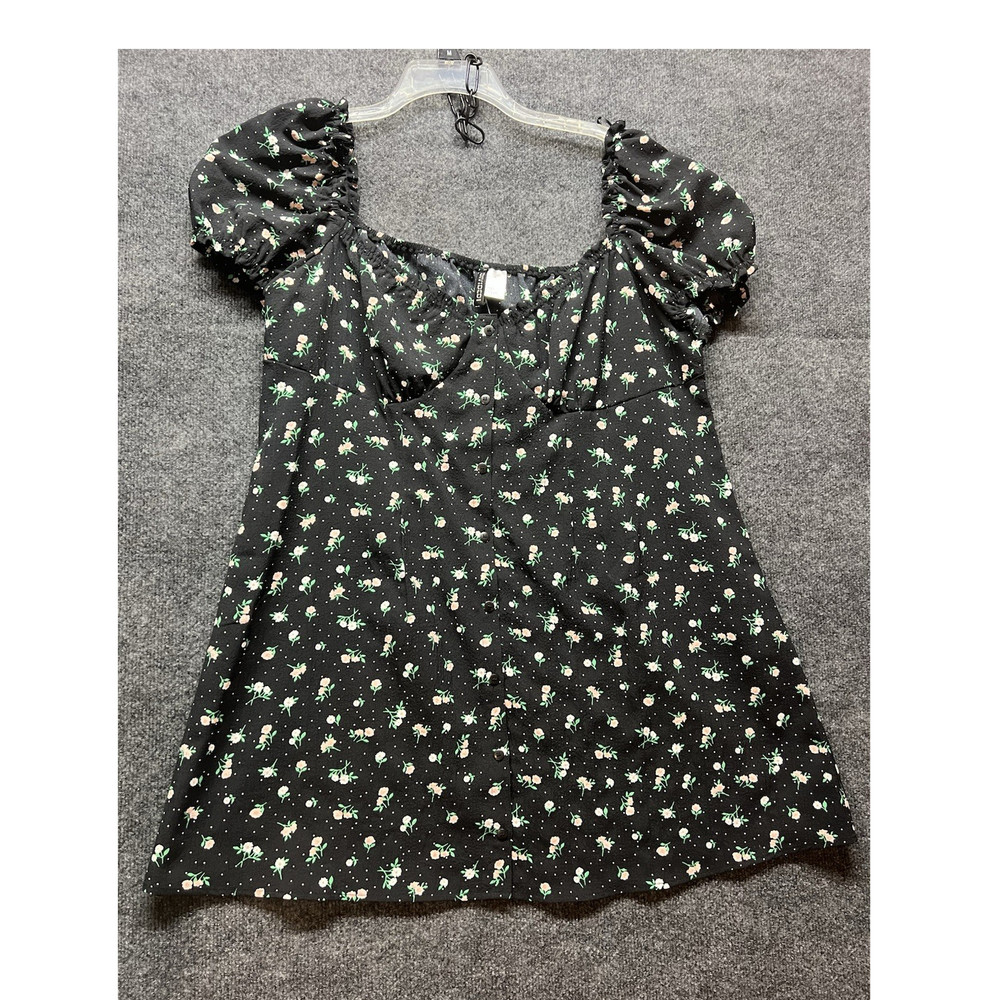 H&M Divided Black Floral Square Neck Puff Sleeve Button Front Blouse XL