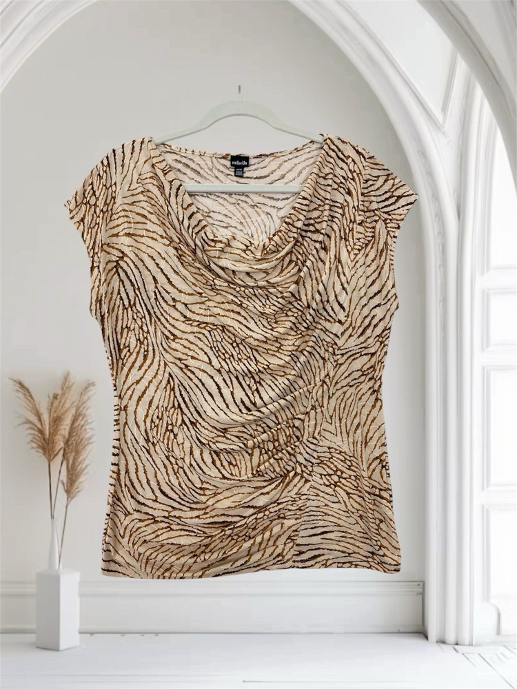 Rafaella Womens Geo Print Draped Neck Top Medium Textured Ruched Summer Chic