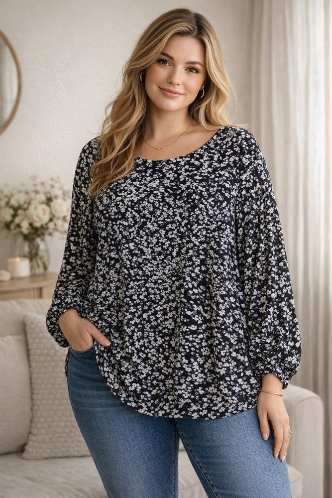 Calvin Klein Blouse Top Women's Size 2x Black & White Floral Ruched Sleeves