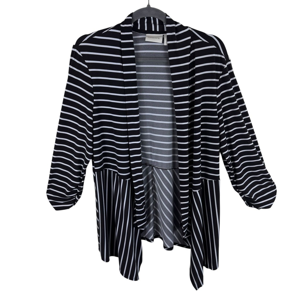 Chico's Brown White Striped Asymmetrical Hem 3/4 Ruched Sleeve Open Blouse Sz L