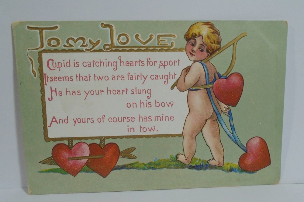 To My Love Antique Valentine Postcard Cupid with Hearts 1910