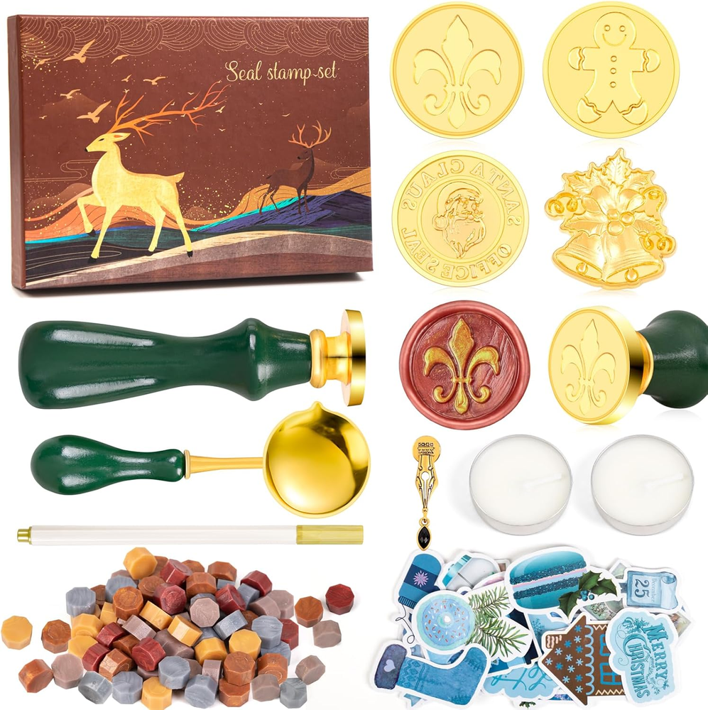 36PCS Christmas Wax Seal Stamp Kit：Sealing Wax Stamp Copper Heads with Wooden Hi