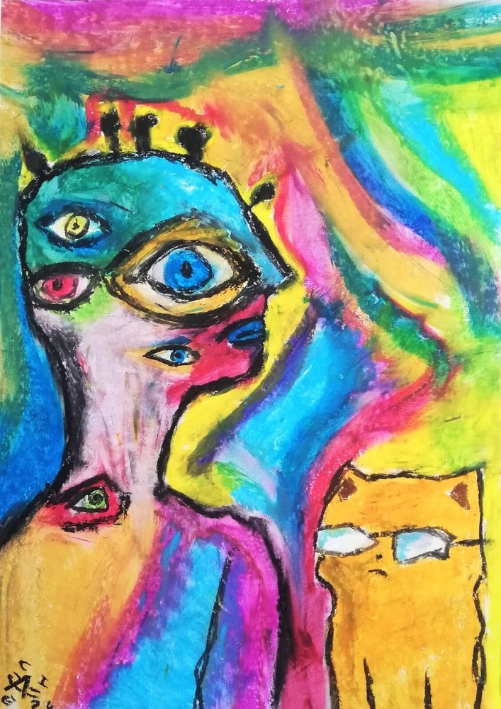 Man With Cat - Abstract Painting Paper A4 Picture Modern Contemporary Art-image