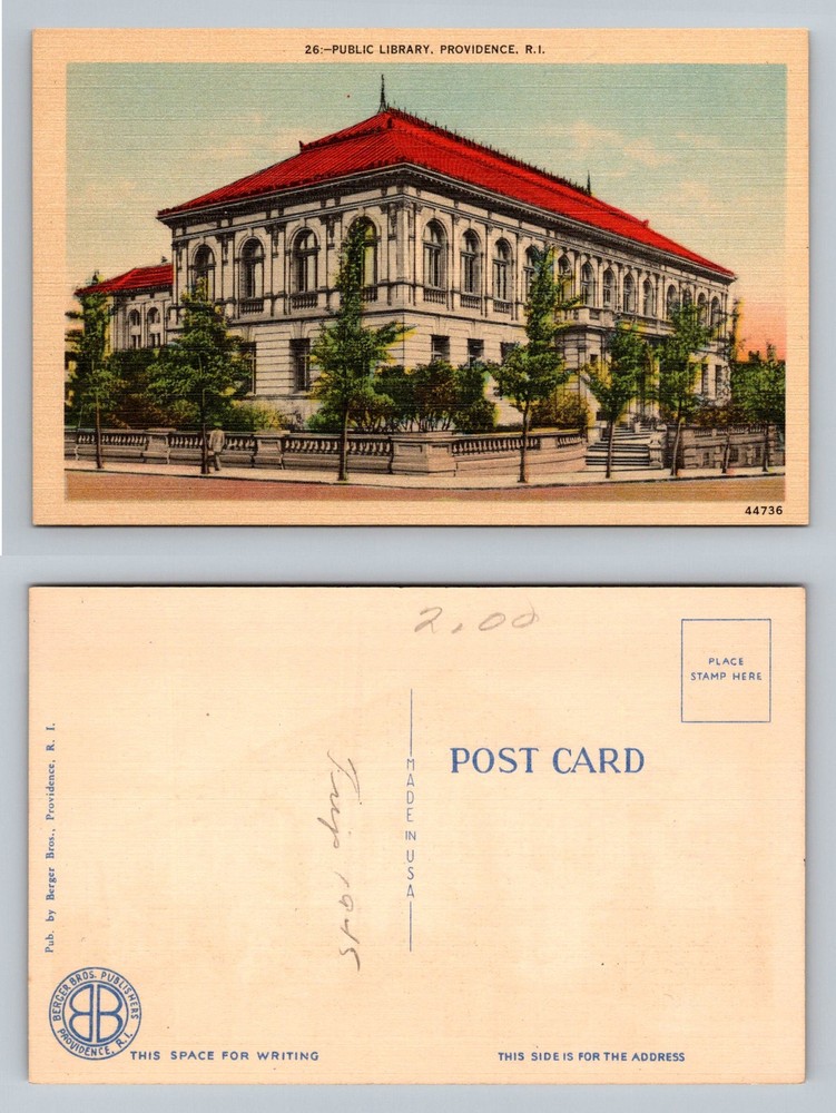 Providence, RI-Rhode Island, Public Library Building Red Roof Vintage Postcard