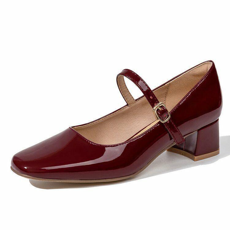 Women Patent Leather Mary Janes Shoes Block Heel Ankle Strap Square Toe Pump