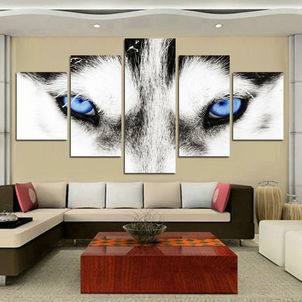 Black & White Wolf Animal Eyes Framed 5 Piece Panel Canvas Wall Art Wolves Print