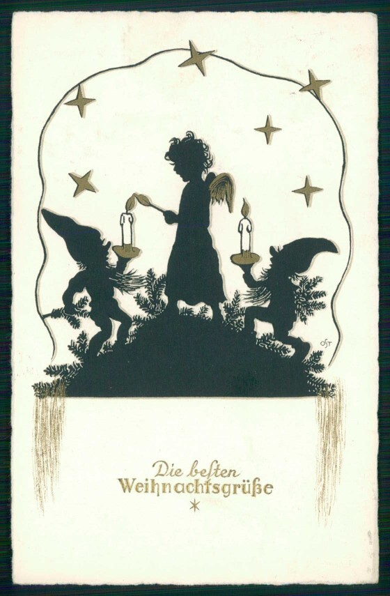 Artist Signed Ost Natale Christmas Angel Gnome Zwerge Dwarf Silhouette pc TC6611