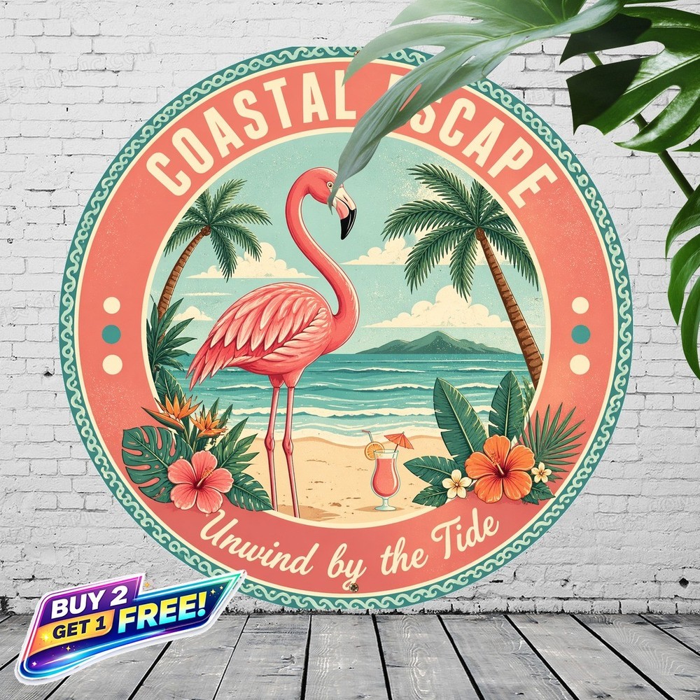 Pink Flamingo Centerpiece Round Metal Sign 8x8 Tropical Beach Decor
