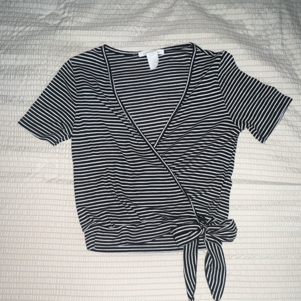 Caution To The Wind Black White Striped V-Neck Tie Wrap Short Sleeve Blouse