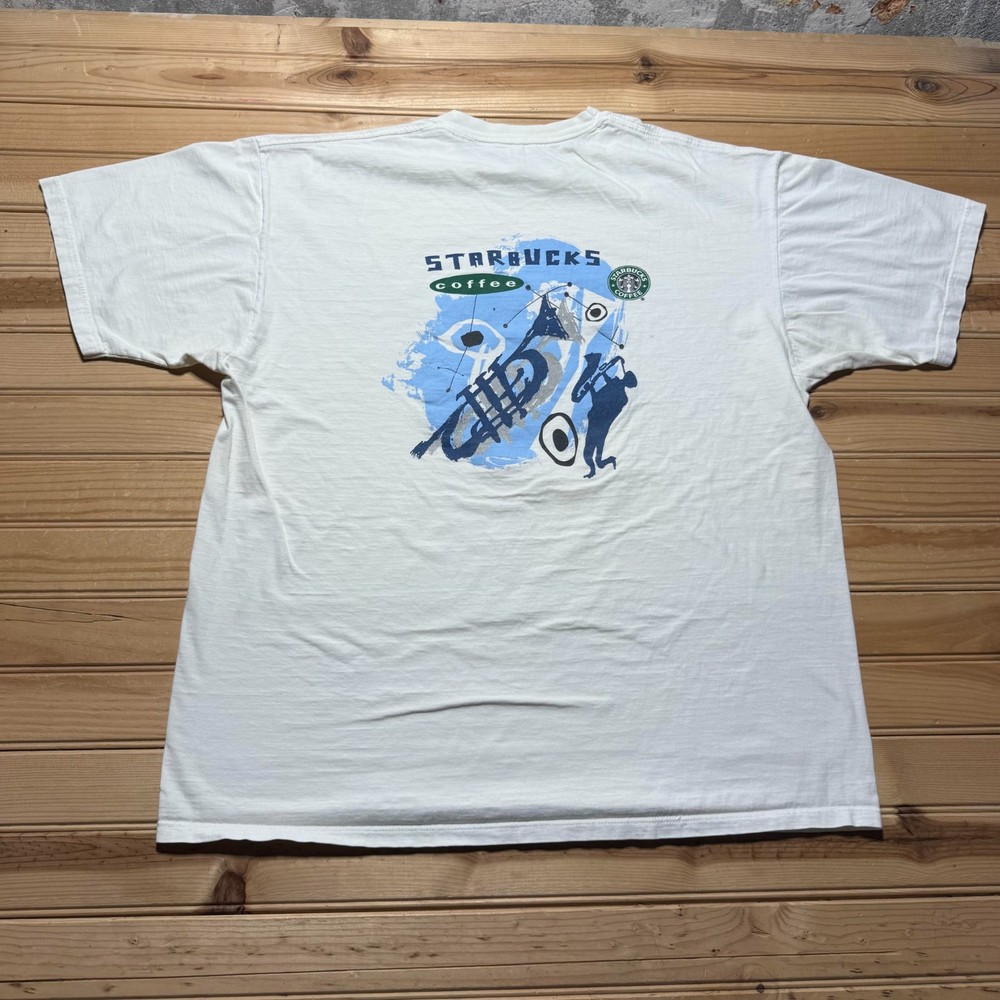 Vintage 90s Starbucks Coffee Music Jazz Saxophone Graphic Promo T-Shirt USA - XL