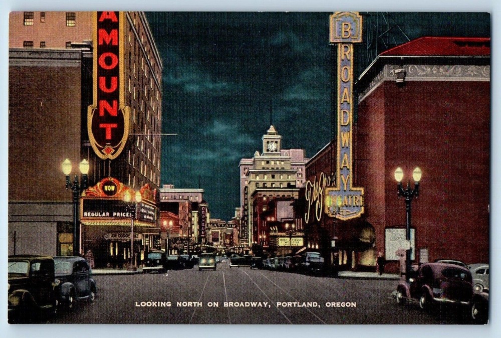 Portland Oregon Postcard North Broadway Clean City Night Exterior c1940 Vintage