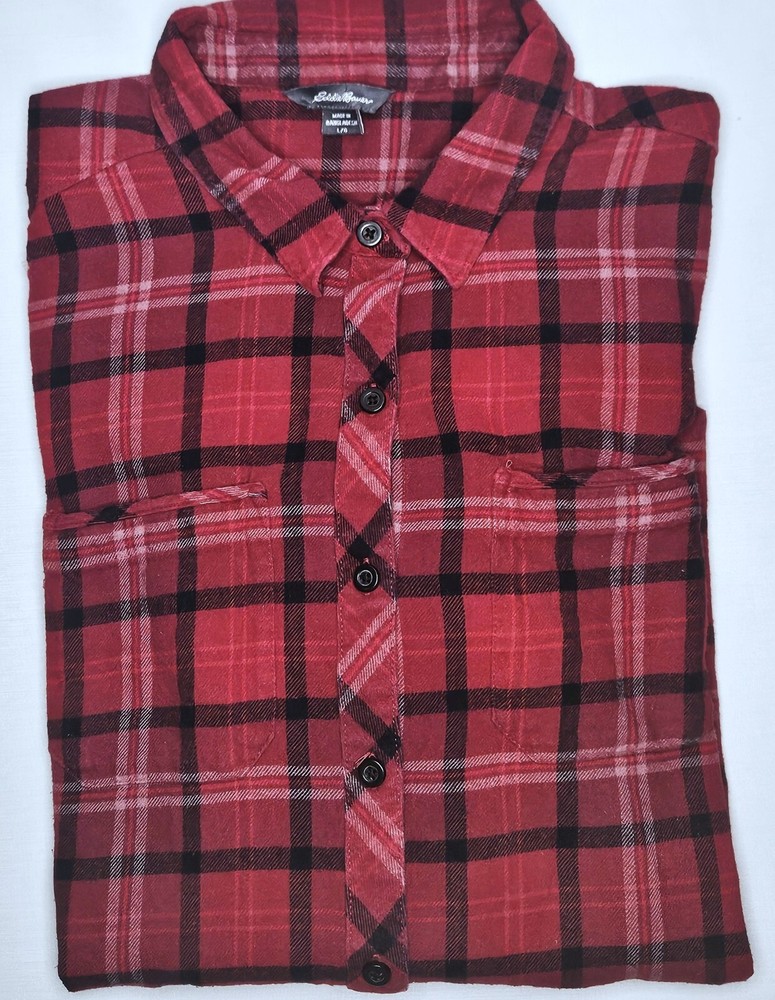 Women's Eddie Bauer Long Sleeve Plaid Flannel Button Up Shirt Size Large - EUC