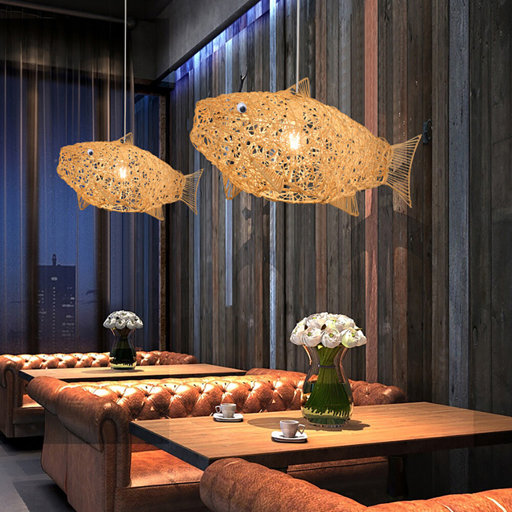 Rattan Fish Shape Chandelier Hanging Ceiling Lamp Fixture
