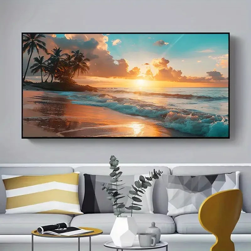 Vibrant Ocean & Palm Tree Scene Unframed Canvas Painting for Living