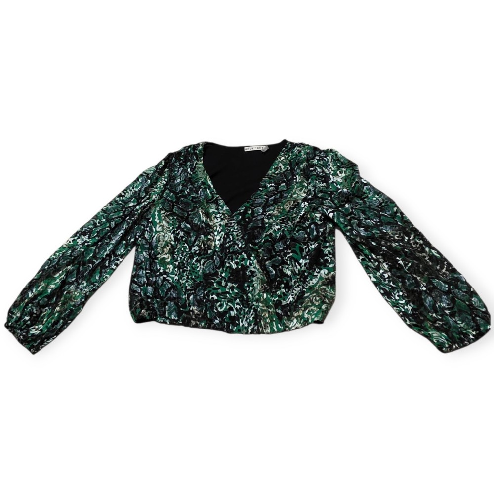Alice+Olivia Green Print Silk Blend Balloon Sleeve V Neck Blouse In Woman's Sz S
