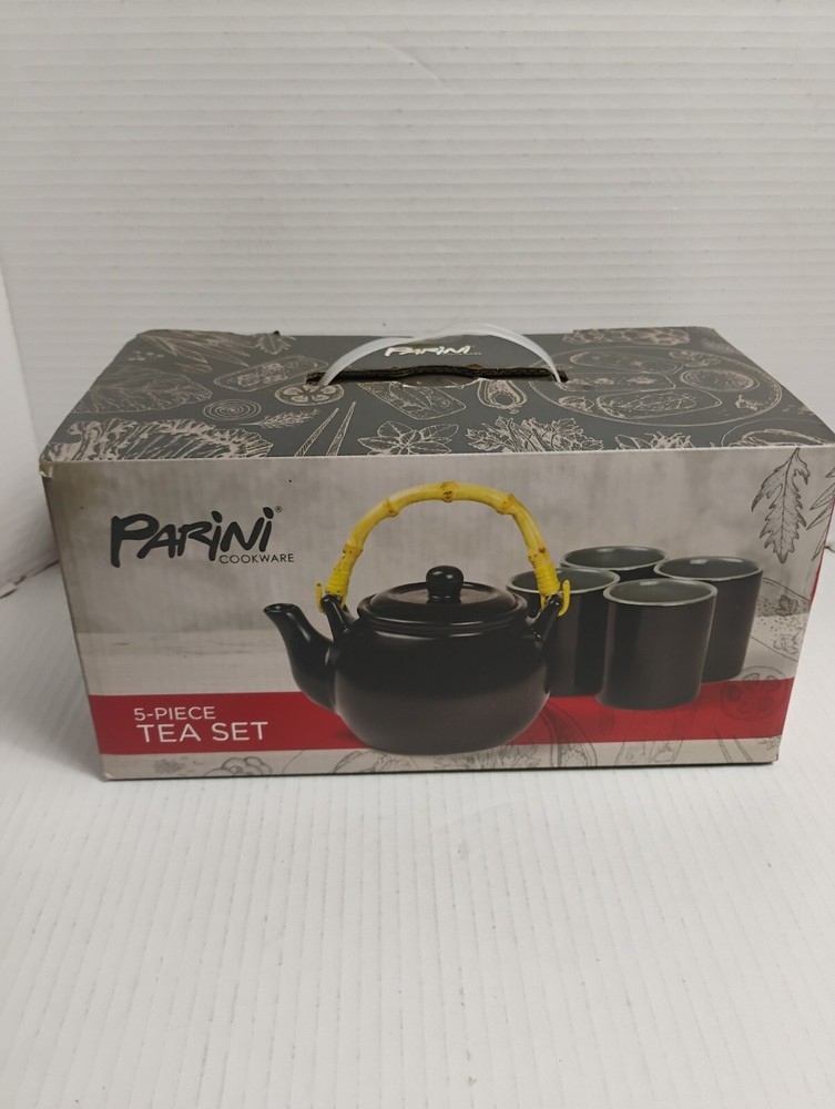 PARINI 5-Piece Black Ceramic Tea Set with Bamboo Handle Open Box