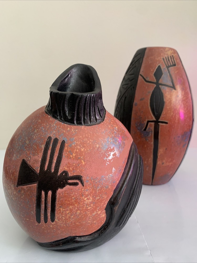 2 Vintage Chulucanas Peru Pottery Art Vase Handmade/Painted By Ramiro Rodriguez