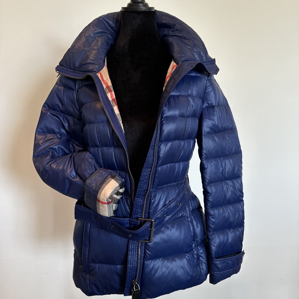 Women Burberry Belted Waist Quilted Puffer Down Signature Check Coat BLUE Size S