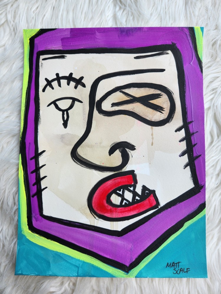 Matt Scalf Abstract Face Graffiti Street Modern Portrait 9x12 ORIGINAL PAINTING-image