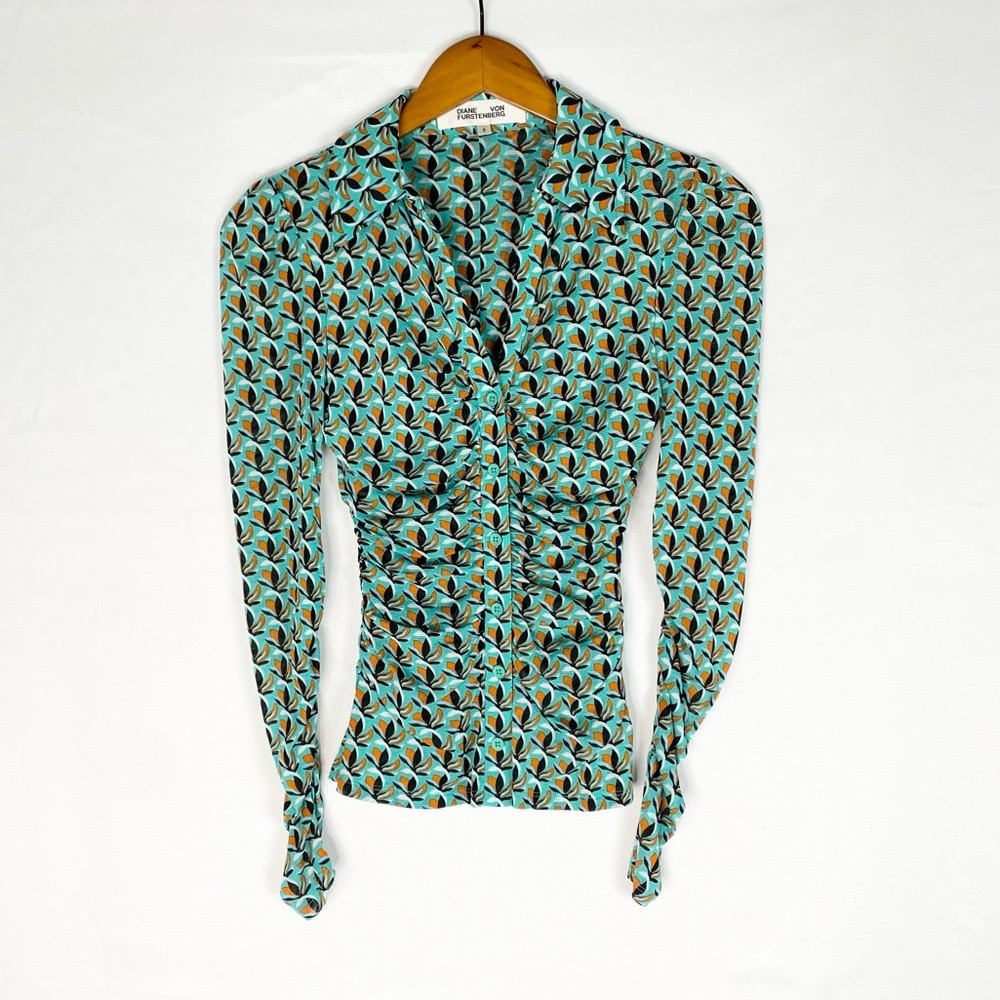Diane Von Furstenberg Nathaniel Top in Fleurgeo Summer Turquoise Size Small