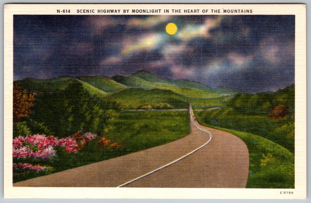 Vtg Linen Postcard Moonlight Mountain Highway Asheville, NC 1930s