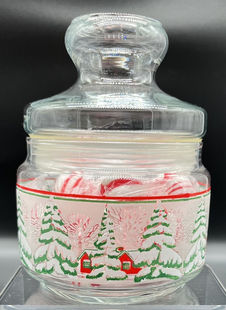 Vintage Glass  Christmas Candy Jar -Winter Scene Trees Red Barns Houses Home